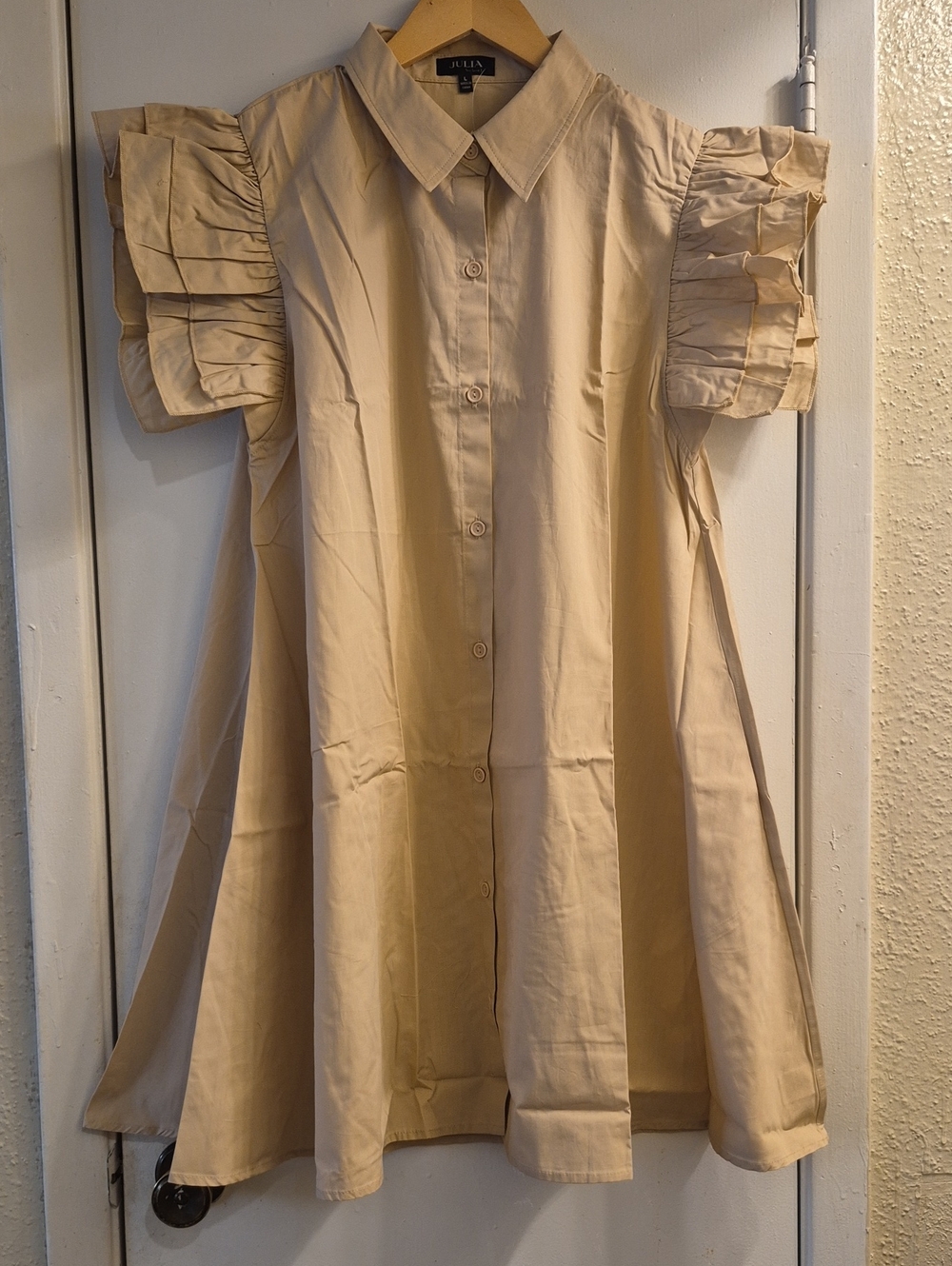 Julia Cream Ruffle Sleeve Mini Shirt Dress